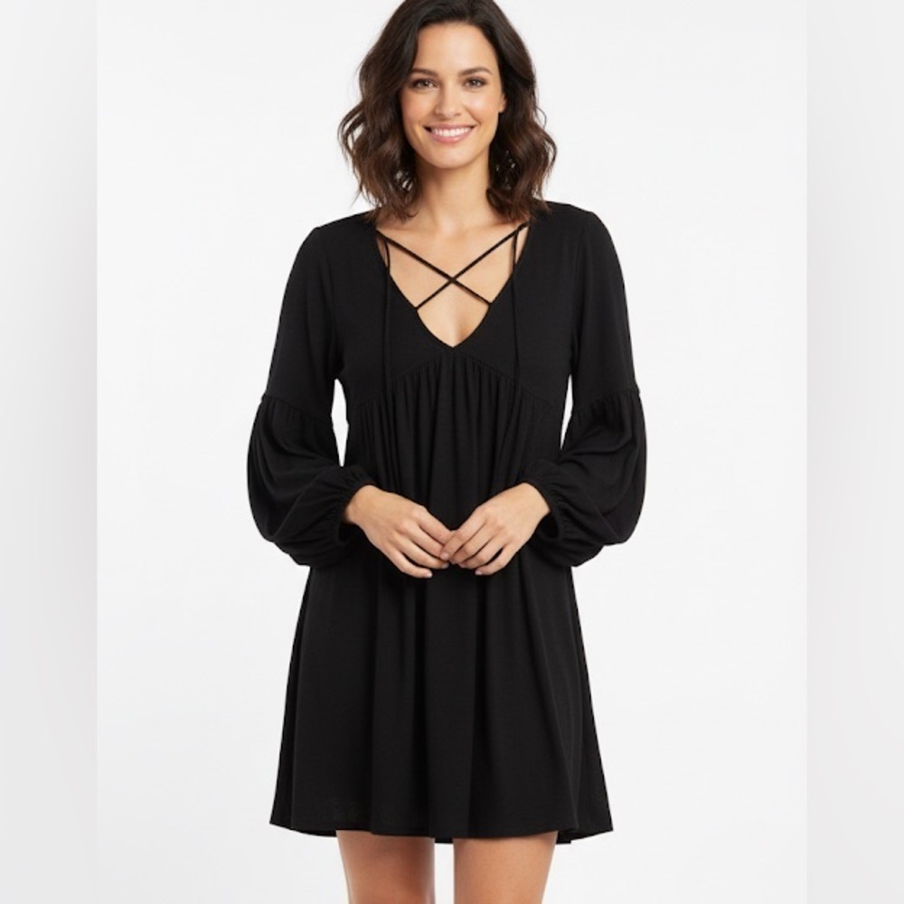 Forever 21 brand new Black Criss-Cross V-Neck ballon sleeves Mini Dress size S